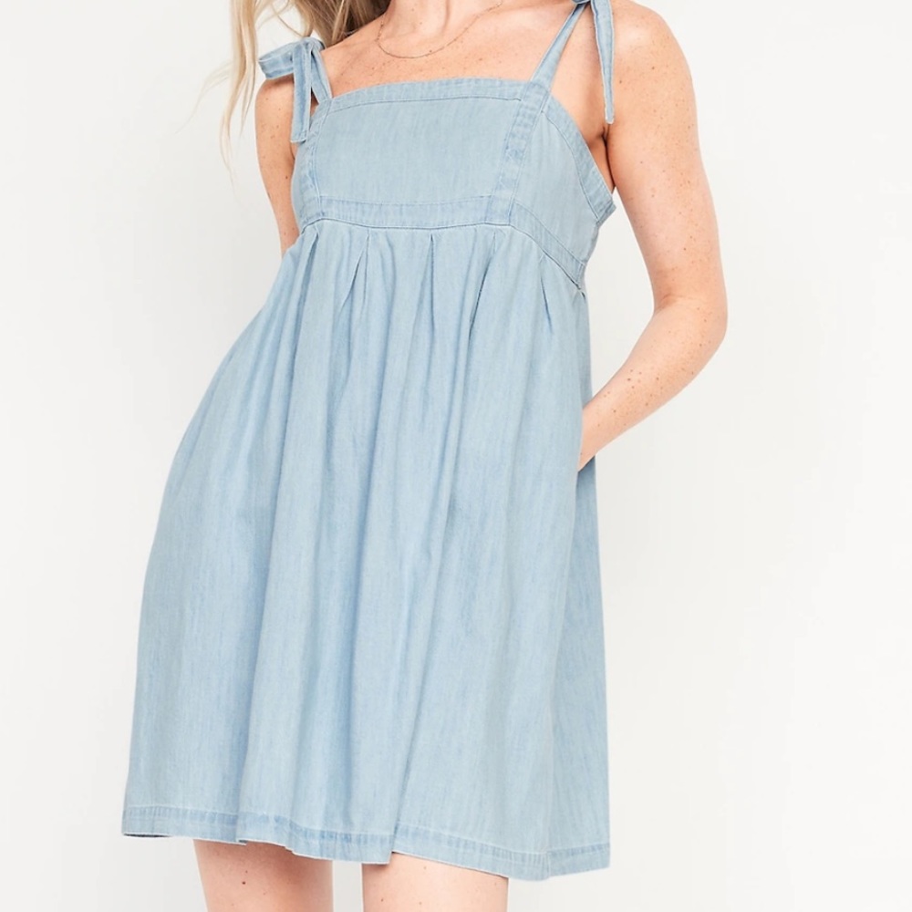 Tie-Shoulder Jean Mini Babydoll Swing Dress for Women